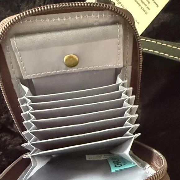 Chala Metallic Silver and Black Owl RFID Wristlet Wallet with Green Leaf Charm - Picture 4 of 5